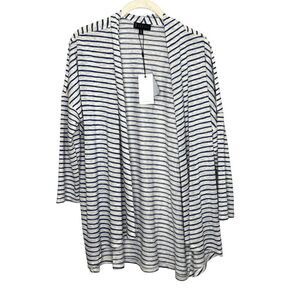 Bobeau Cardigan Womens Medium Blue White Striped Open Front Lightweight Sweater